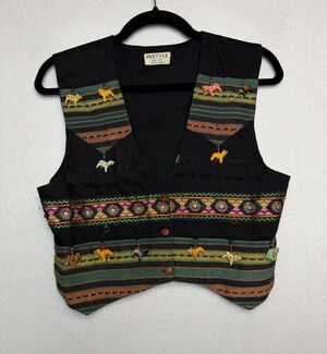 VTG INStyle Wooden Animal Beaded Embroidered Vest Black Size S Folk Hippie